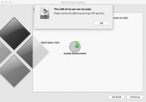 कृपया USB ड्राइव को एकल FAT विभाजन के रूप में प्रारूपित करें:बूट कैंप सहायक 