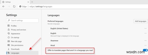 वेबसाइट भाषा अनुवाद अक्षम या सक्षम करें; Microsoft Edge में प्रदर्शन भाषा जोड़ें या बदलें 