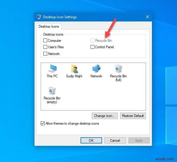 विंडोज 10 पर डेस्कटॉप आइकन सेटिंग्स में रीसायकल बिन धूसर हो गया है 