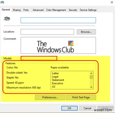 विंडोज 10 में प्रिंटर गुण फीचर सेक्शन गायब है 