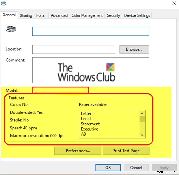 विंडोज 10 में प्रिंटर गुण फीचर सेक्शन गायब है 