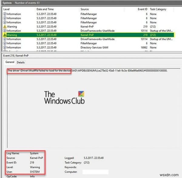 डिवाइस प्लग किए जाने पर इवेंट आईडी 219 त्रुटि; ड्राइवर WUDFRD लोड करने में विफल रहा 