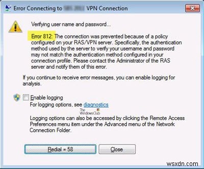 वीपीएन त्रुटि 812, आरएएस/वीपीएन सर्वर पर कॉन्फ़िगर की गई नीति के कारण कनेक्शन रोका गया 