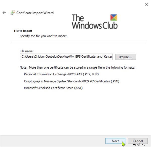 Windows 10 में EFS फ़ाइल एन्क्रिप्शन प्रमाणपत्र और कुंजी (PFX फ़ाइल) आयात करें 