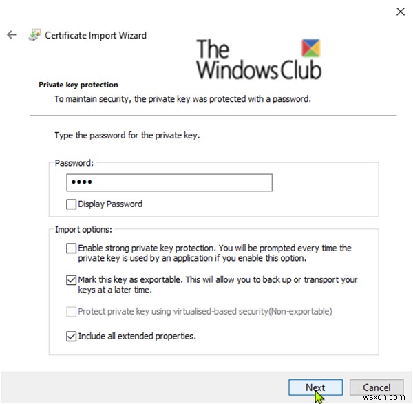 Windows 10 में EFS फ़ाइल एन्क्रिप्शन प्रमाणपत्र और कुंजी (PFX फ़ाइल) आयात करें 