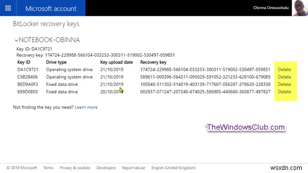 Windows 10 में OneDrive से BitLocker पुनर्प्राप्ति कुंजी को कैसे हटाएं 