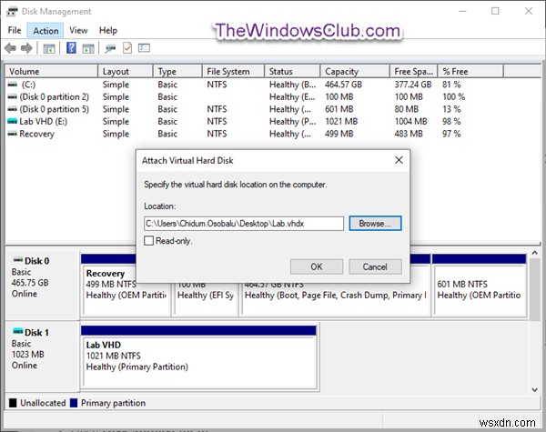 विंडोज 10 में वीएचडी या वीएचडीएक्स (वर्चुअल हार्ड डिस्क) फाइल को माउंट या अनमाउंट कैसे करें 