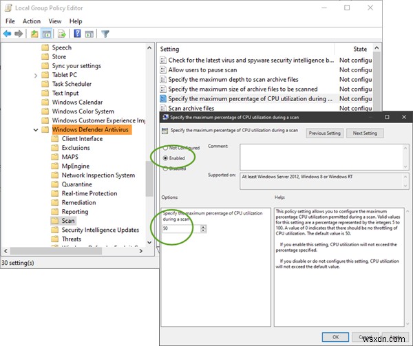 विंडोज डिफेंडर स्कैन के लिए अधिकतम सीपीयू उपयोग को कैसे सीमित या सेट करें 