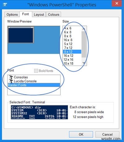 Windows PowerShell फ़ॉन्ट और विंडो बहुत छोटा है 