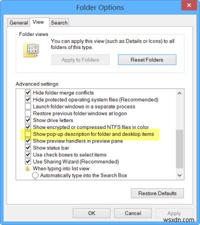 Windows 10 में फ़ोल्डर और डेस्कटॉप आइटम के लिए पॉप-अप विवरण अक्षम करें 
