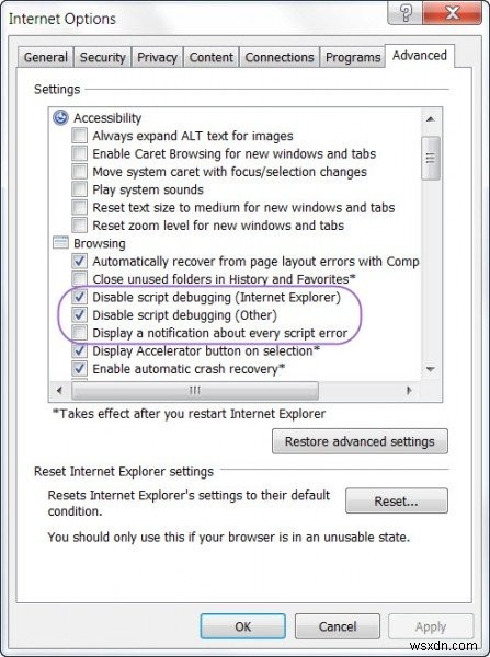 Windows कंप्यूटर में स्क्रिप्ट त्रुटियाँ और रनटाइम त्रुटि संदेश अक्षम करें 