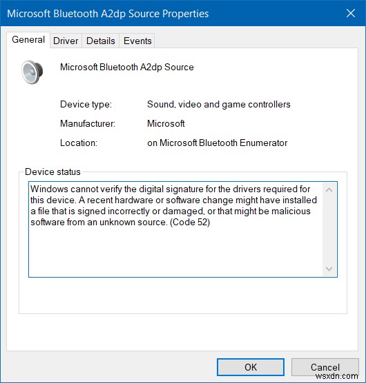 Microsoft ब्लूटूथ A2dp स्रोत ठीक से काम नहीं कर रहा है (कोड 52) 
