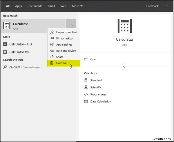 विंडोज 10 पर कैलकुलेटर ऐप को कैसे अनइंस्टॉल करें 