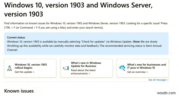 Windows 10 v1903 मई 2019 अद्यतन के साथ ज्ञात समस्याएँ 