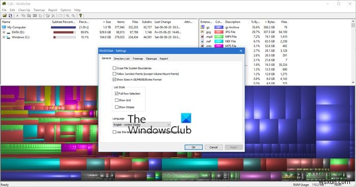 WinDirStat विंडोज पीसी के लिए एक मुफ्त डिस्क स्पेस एनालाइजर और यूसेज स्टैटिस्टिक्स व्यूअर है 