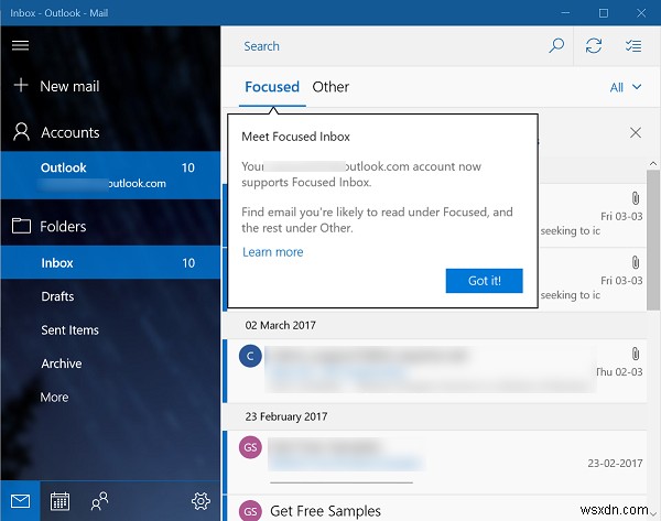 विंडोज 10 में मेल ऐप में फोकस्ड इनबॉक्स फीचर को इनेबल या डिसेबल करें 