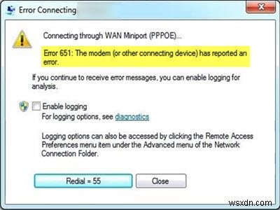 त्रुटि 651, मॉडेम (या अन्य कनेक्टिंग डिवाइस) ने विंडोज़ में एक त्रुटि की सूचना दी है 