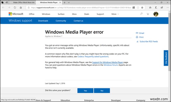 Windows Media Player को फ़ाइल चलाते समय एक समस्या का सामना करना पड़ा 