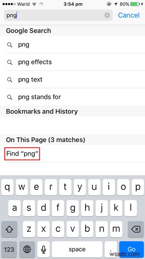 आईओएस के सफारी में एक पेज पर एक शब्द खोजें 