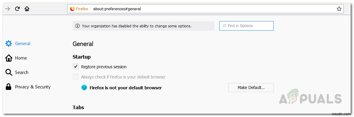 फ़ायरफ़ॉक्स पर  आपके संगठन ने कुछ विकल्पों को बदलने की क्षमता को अक्षम कर दिया है  को कैसे ठीक करें? 
