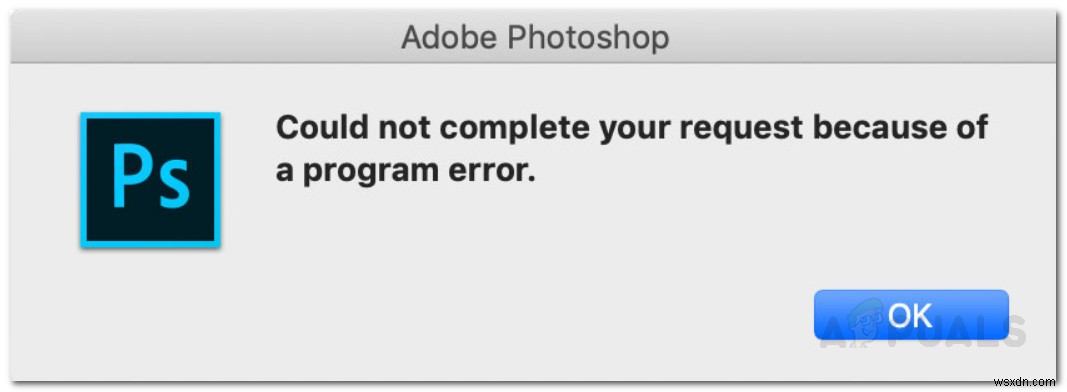 प्रोग्राम त्रुटि के कारण फ़ोटोशॉप आपका अनुरोध पूरा नहीं कर सका 
