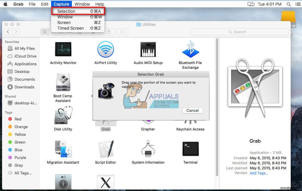 ग्रैब यूटिलिटी का उपयोग करके macOS और Mac OS X पर स्क्रीनशॉट कैसे लें 