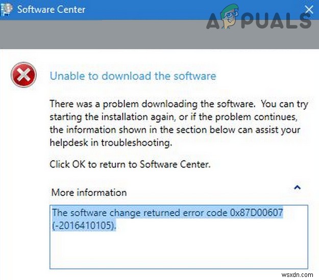 फिक्स:SCCM इंस्टॉलेशन एरर कोड 0X87D00607 (-2016410105) 