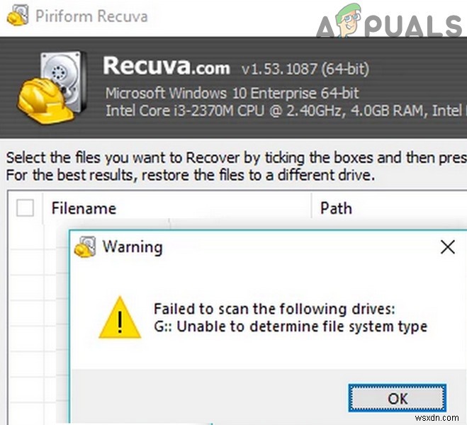 फ़ाइल सिस्टम प्रकार (त्रुटि) निर्धारित करने में असमर्थ Recuva को हल करें 