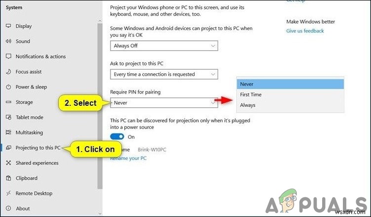 विंडोज 10 में इस पीसी को प्रोजेक्ट करते समय पेयरिंग के लिए पिन को इनेबल या डिसेबल कैसे करें? 