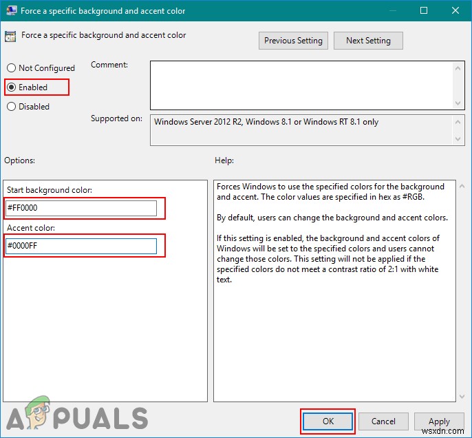 Windows Server 2012 R2 में बैकग्राउंड और एक्सेंट के लिए रंग कैसे चुनें और निर्दिष्ट करें? 