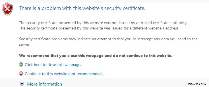 समाधान:इस वेबसाइट के सुरक्षा प्रमाणपत्र में कोई समस्या है