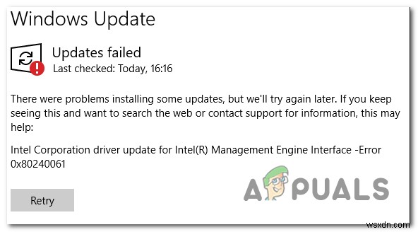 Intel प्रबंधन इंजन इंटरफ़ेस ड्राइवर स्थापित करते समय त्रुटि 0x80240061 