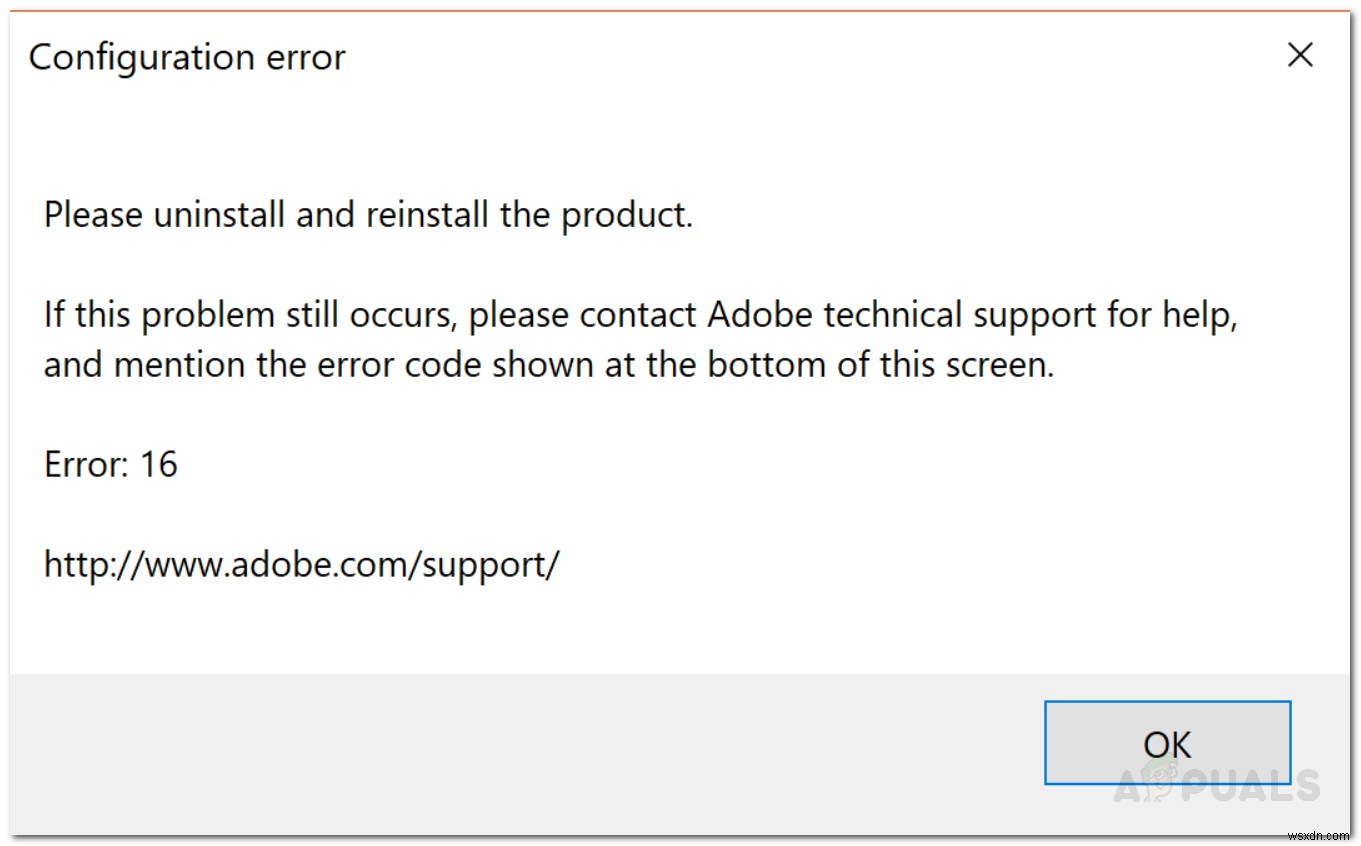 फिक्स:Adobe कॉन्फ़िगरेशन त्रुटि 16  अनइंस्टॉल और रीइंस्टॉल  
