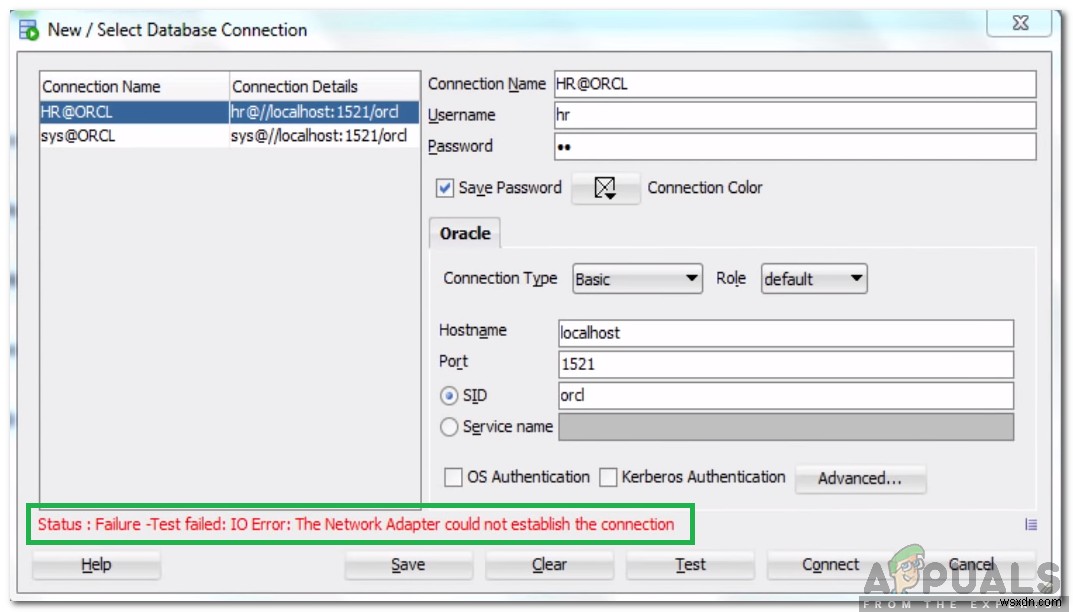 Oracle SQL पर  IO त्रुटि:नेटवर्क एडेप्टर कनेक्शन स्थापित नहीं कर सका  को कैसे ठीक करें? 