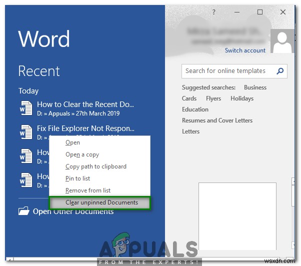 Microsoft Word में हाल के दस्तावेज़ों की सूची को कैसे साफ़ या अक्षम करें? 