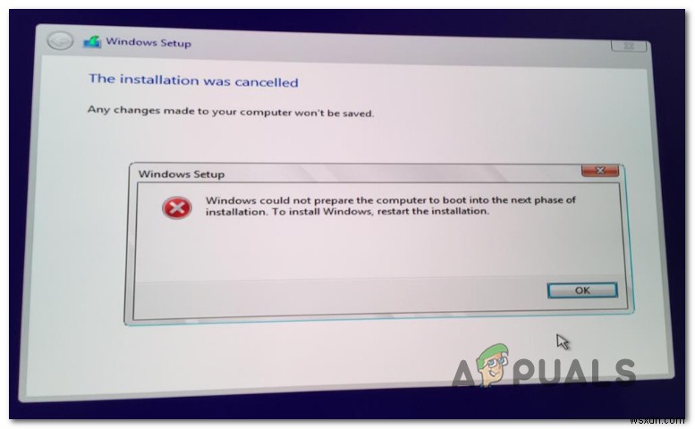 फिक्स:विंडोज कंप्यूटर को इंस्टॉलेशन के अगले चरण में बूट करने के लिए तैयार नहीं कर सका 