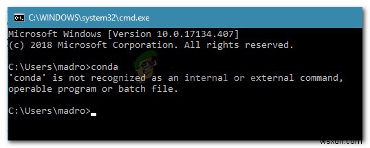 फिक्स: कोंडा  को आंतरिक या बाहरी कमांड, ऑपरेट करने योग्य प्रोग्राम या बैच फ़ाइल के रूप में पहचाना नहीं जाता है 