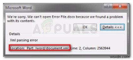 ठीक करें:Microsoft Word XML पार्सिंग त्रुटि