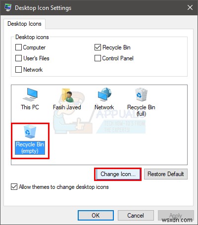 रीसायकल बिन आइकन कैसे बदलें 