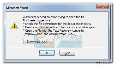 फिक्स:वर्ड ने फाइल को खोलने की कोशिश में एक त्रुटि का अनुभव किया 