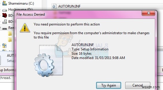 फिक्स:Autorun.inf . के साथ एक्सेस अस्वीकृत या अनुमति के मुद्दे 