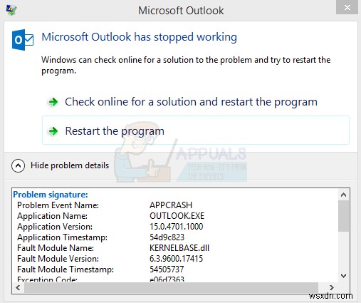 ठीक करें:Microsoft आउटलुक  KERNELBASE.DLL  बंद हो जाता है