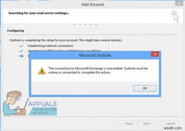 फिक्स:माइक्रोसॉफ्ट एक्सचेंज से कनेक्शन आउटलुक पर उपलब्ध नहीं है