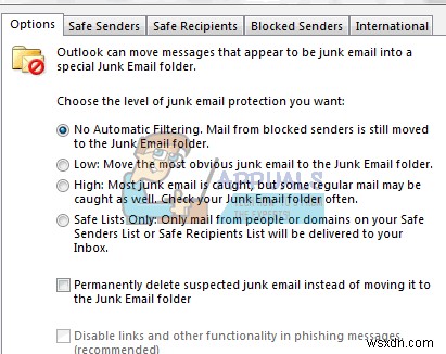 आउटलुक 2016 को ईमेल को जंक या स्पैम फोल्डर में ले जाने से कैसे रोकें 