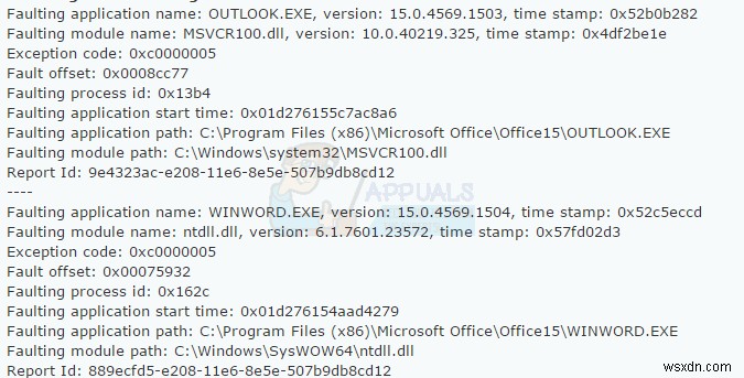 फिक्स:माइक्रोसॉफ्ट वर्ड और आउटलुक 2013 ntdll.dll/MSVCR100.dll के साथ क्रैश हो रहा है 