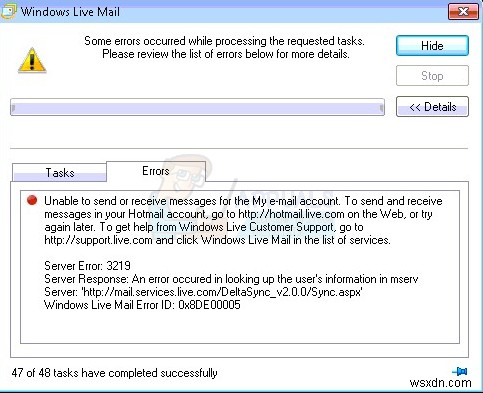 Windows Live मेल सर्वर त्रुटि 3219 (0x8DE00005) को कैसे ठीक करें
