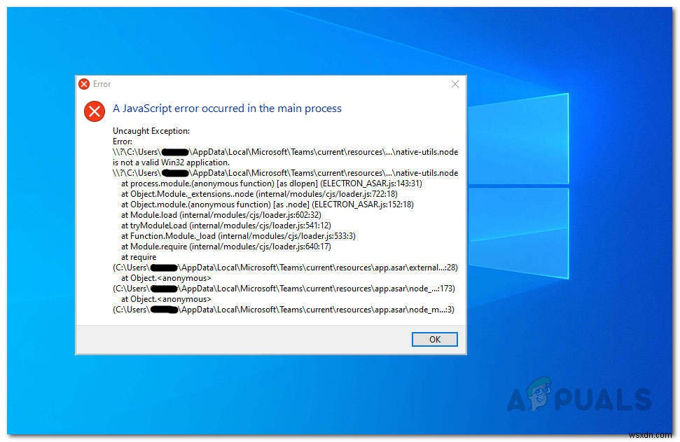 विंडोज 10 पर माइक्रोसॉफ्ट टीमों में जावास्क्रिप्ट अपवाद त्रुटि 