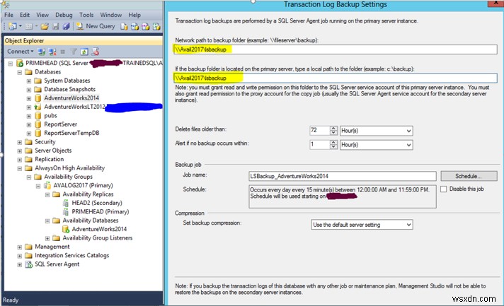 Microsoft SQL सर्वर मौजूदा ऑलवेजऑन डेटाबेस पर शिपिंग लॉग करता है 