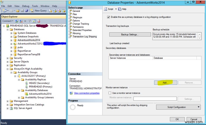 Microsoft SQL सर्वर मौजूदा ऑलवेजऑन डेटाबेस पर शिपिंग लॉग करता है 