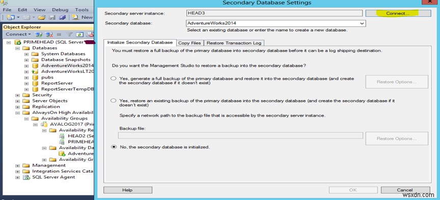 Microsoft SQL सर्वर मौजूदा ऑलवेजऑन डेटाबेस पर शिपिंग लॉग करता है 